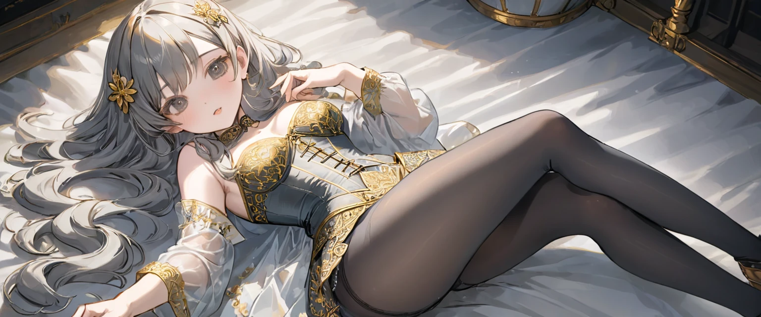 Medieval1people々 girl、 Gold and silver embroidery、In underwear、Wearing knee-length semi-transparent bloomers、Wearing a semi-transparent corset、 Grey translucent tights、Lying down