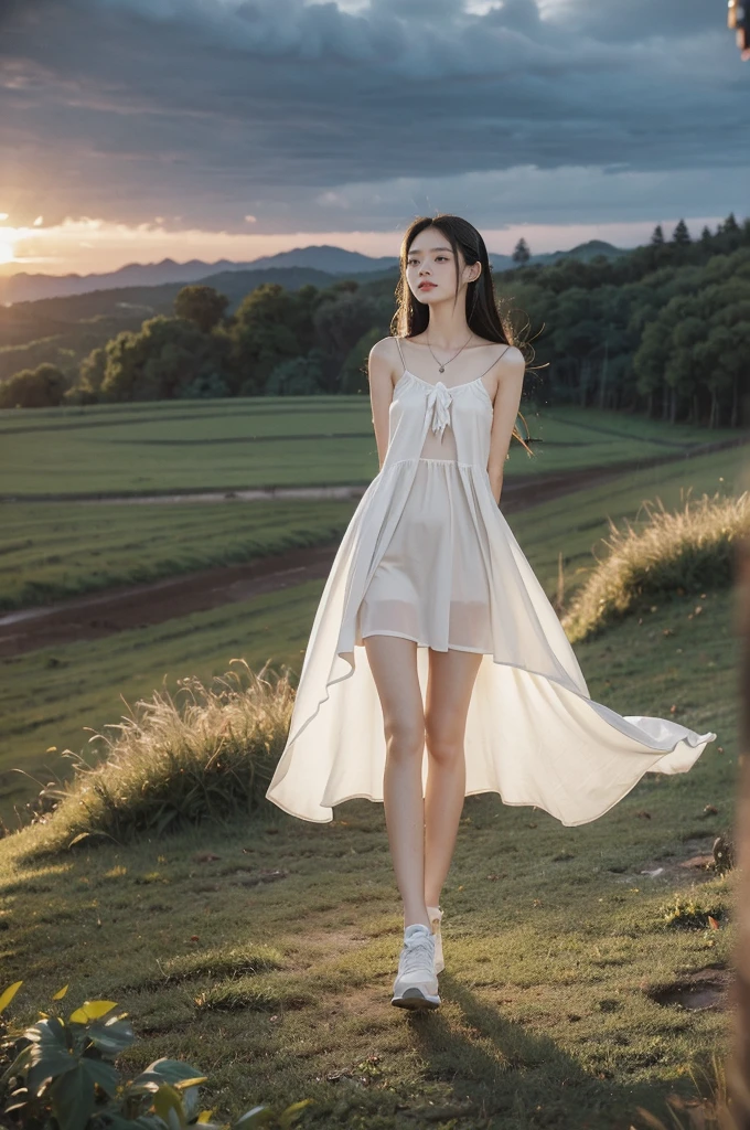 (((best quality))),(((ultra detailed))),(((masterpiece))),illustration,((1 beautiful girl,solo)),((slim,thin,flat chest)),(shoulder length straight hair:1.2),flowing hair,fair skin,(shiny skin:1.3),detailed eyes,laughing,(shirt-dress:1.3),delicate necklace,grass,dewdropletts,trees,bird chirping,serenity,gratitude,awe,wonders of nature,peace,contentment,magnificent world,summer,(pitch-dark dawn:1.5),(night scene:1.3),((full body,from front)),after rain,(wet:1.3),standing,on the path,At the mountaintop,confident gaze,elegant posture,mysterious atmosphere,solemn mood,dawn approaching,detailed decorations,(sunrise:1.3),(cloudy sky:1.2),rainbow,(Rural Landscape:1.2),horizon,slender legs,sneakers,(arms behind back:1.2)