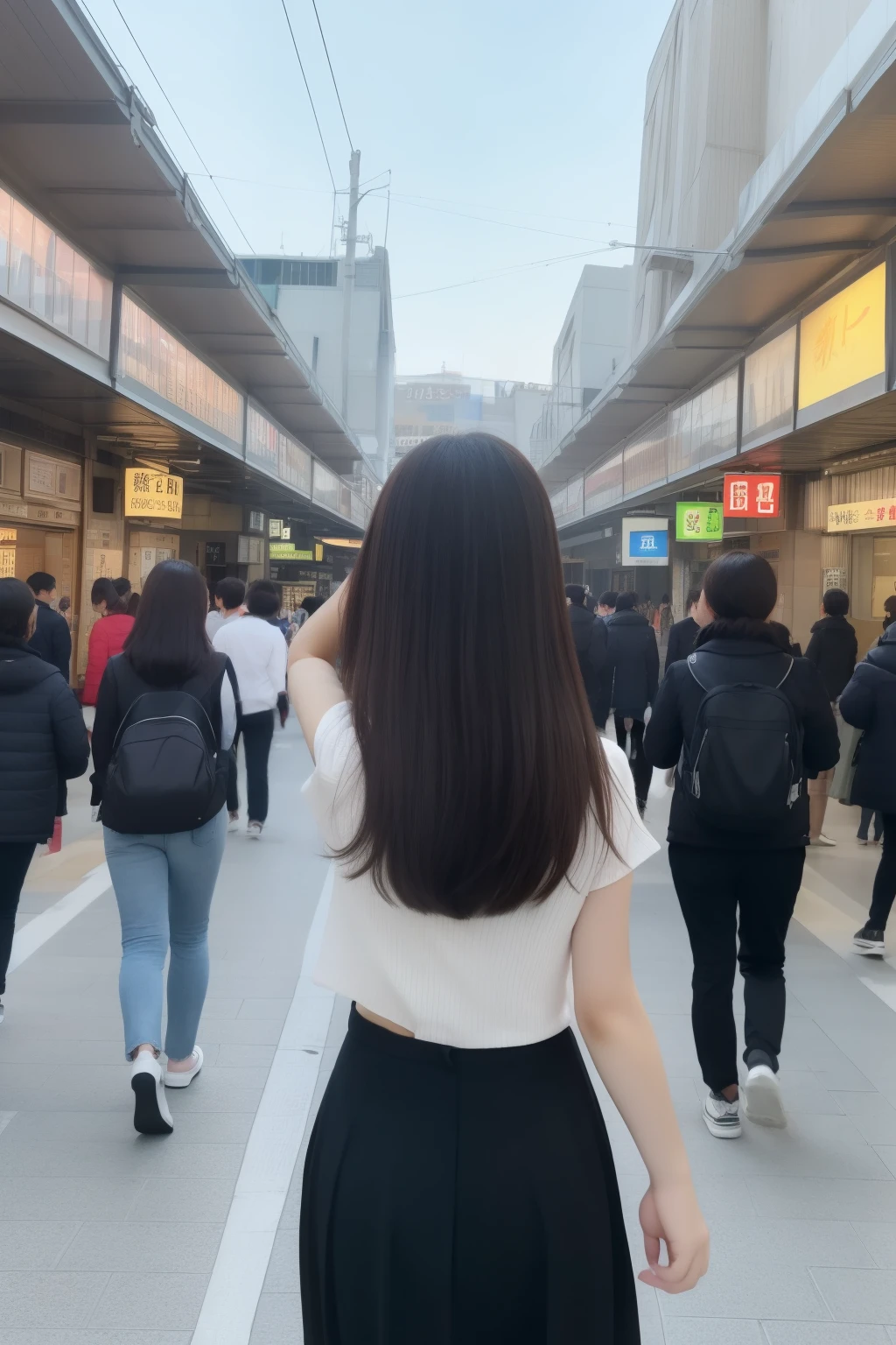 ((8K:1.27、top-quality、masterpiece、超A high resolution:1.2))、 beautiful japanese female、 (High School Teacher:1.2)、1girl、teacher outfit、a large bust:1.5、valley、Dark hair、black eyes、short-hair、Beautuful Women、、Japanese private railway stations、Back view、Walking straight ahead、Shopping street in front of the station、busy、In the evening, in a bustling station、Don't look back、Walking straight ahead Looking straight back、Only the back view、Going far away、From behind、Don't look back、Don't look back、Right behind me as I walk away into the distance、Don't look back、