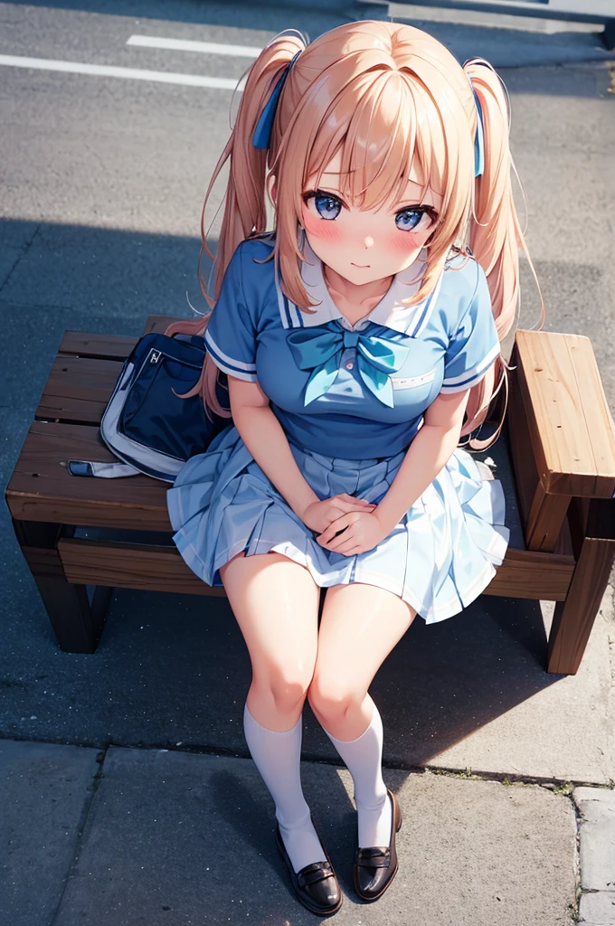 Blonde,Long twin tails,Very curled hair,Bright blue eyes,freckles,Big Breasts,teenager,Skin-tight clothing,Sit with your knees bent,Beautiful feet ,On campus,As if looking up from below,Angry face