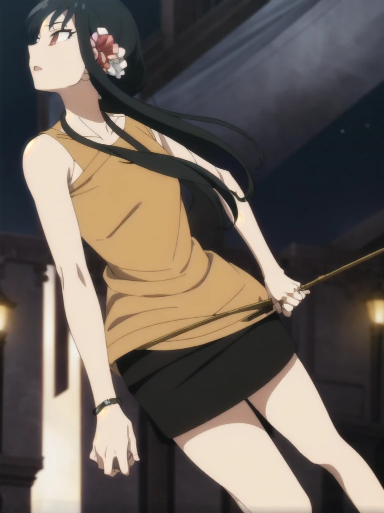 Joffe,1 Girl,Solitary, Short hair long hair, Gold hair band,Flowering, Black necklace, Black skirt,sleeveless,Off-shoulder, Fingerless gloves, (waist_cape:0.8),Black footwear, Holding a dagger, night,Starry Sky_Sky,nature,struggle_attitude,Sexy,,Thigh fleshy,The perspective starts from the feet,transparent,No shoes,Sexy动作,Low Angle of View,Medium breasts,Thigh line,袜半transparent