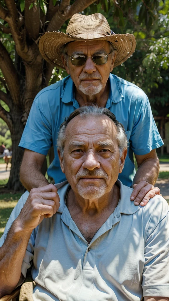 Headshot of a wise old man sat under a shady tree, observing the world around him, It was then that he noticed a tiny ant carrying a massive burden on its back, the wise old man praise the ant, 4k realistic imagery, blue scenery like a movie scene, old american setting, inspired by blade runner movie scene, blue tone,