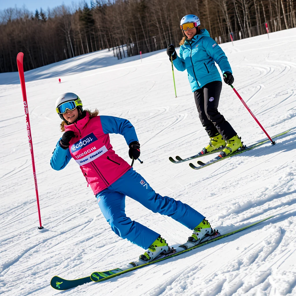 Jeune femme de 25 ans, brune, tenue de ski, qui prend la pose en haut d’une piste de ski