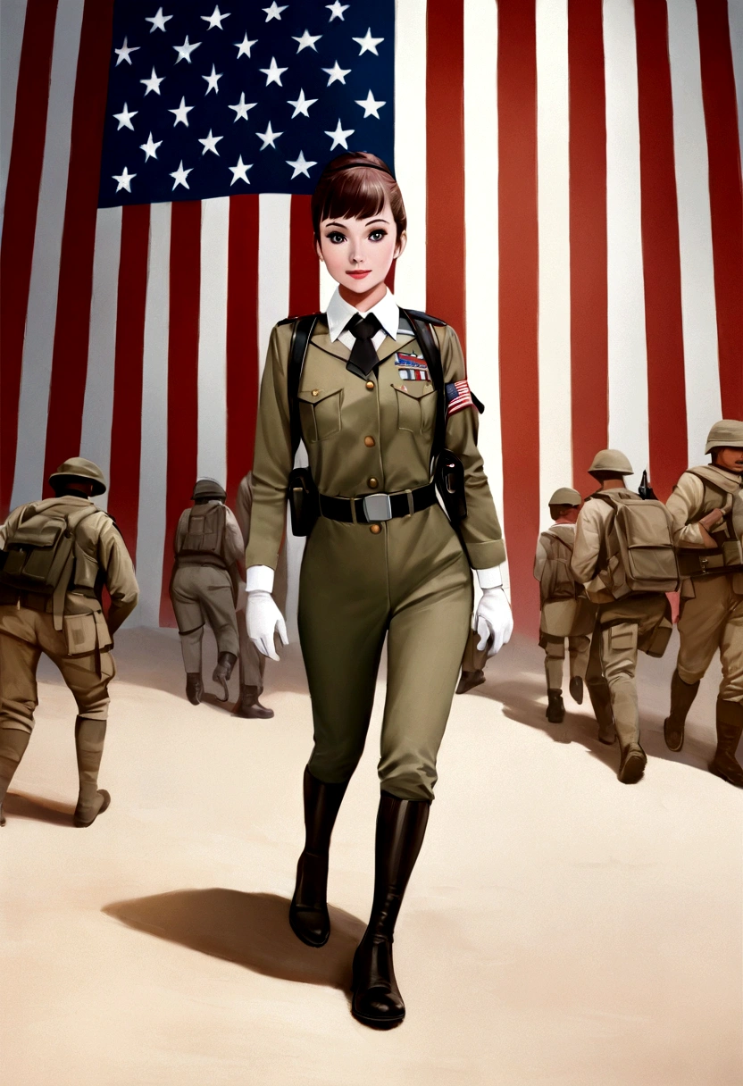 Top quality: realistic, 9k, masterpiece: 1:3, Audrey Hepburn, cute, wearing US female soldier uniform, background: US flag