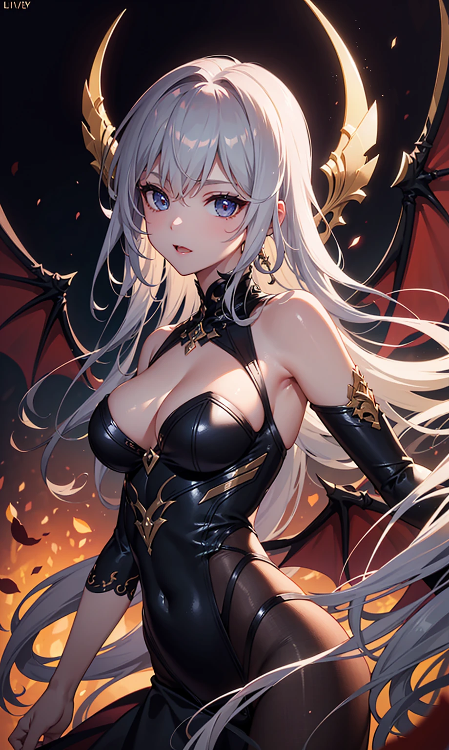 (best quality, high resolution, textured skin, high quality, high detail,Extremely detailed CG unification)，，Lively，enchanted，Dynamic Angle,whole body，Gorgeous princess dress，Beautifully dressed，Elegant and ????????? posture，Devil wings，?????? ????????，In the abyss
