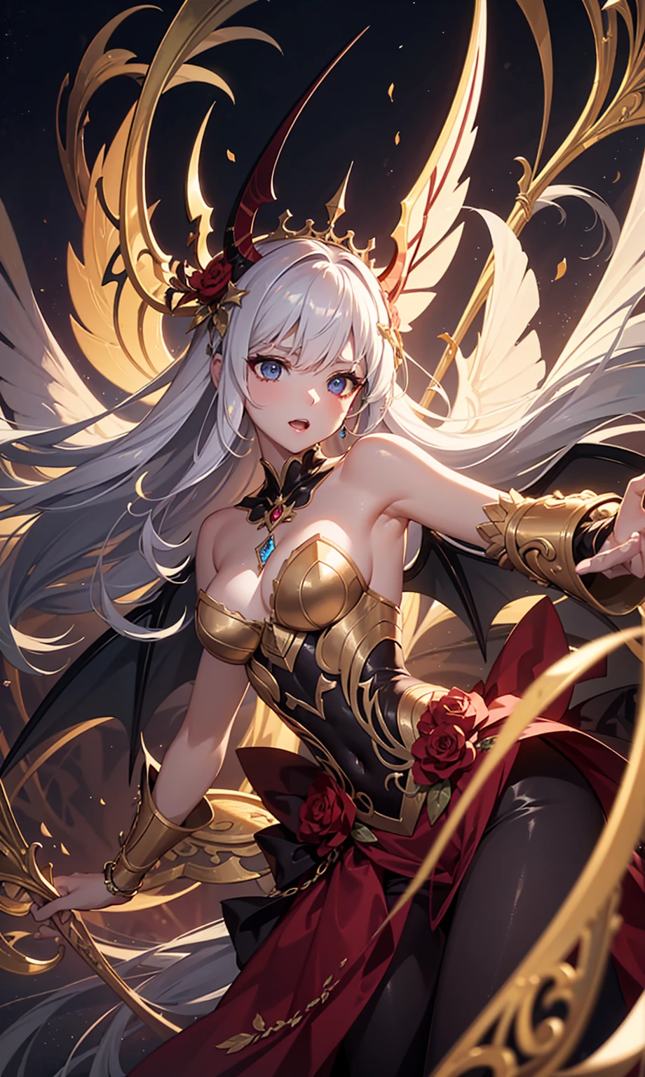 (best quality, high resolution, textured skin, high quality, high detail,Extremely detailed CG unification)，，Lively，enchanted，Dynamic Angle,whole body，Gorgeous princess dress，Beautifully dressed，Elegant and seductive posture，Devil wings，Sexual innuendo，In the abyss