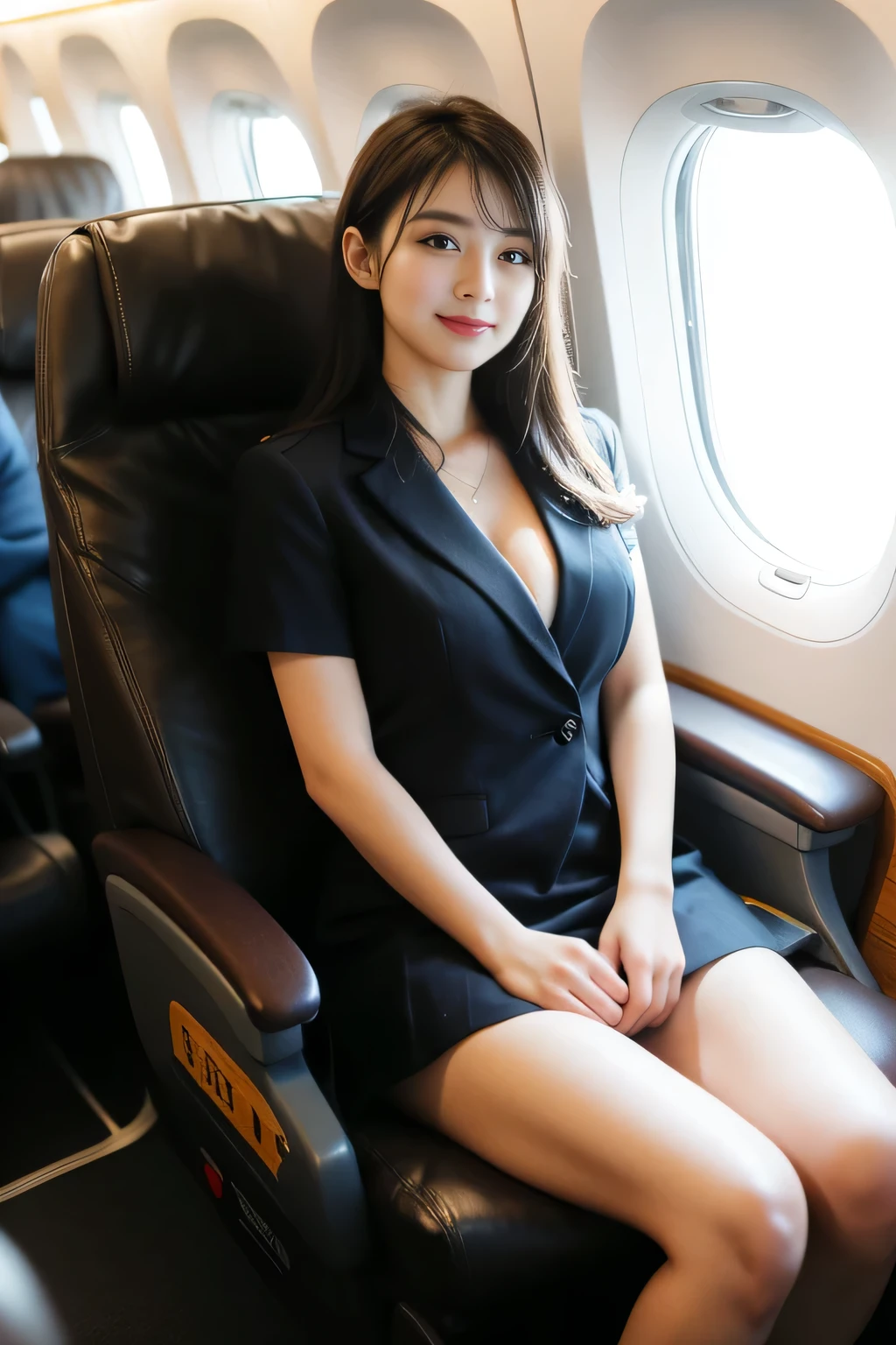 (Perfect detail: 1.5, 8k wallpaper, masterpiece, Highest quality, Super detailed) ,A super busty stewardess with cleavage、Very cute face、Japan idol faces:1.24,
Inside the first class cabin of an airliner、Smiling stewardess sitting in luxurious seat。The cabin is spacious.々and、Luxurious brown leather seats、Woodgrain Panel、It features soft lighting。The stewardess is wearing a red miniskirt and a black uniform.、Her black bob hair gives her a professional look.。Seat belts on the seats、pillow、There is a blanket、Some of the seats are occupied by relaxed passengers.。Outside the window, I can see blue sky and clouds.、The cabin is bathed in soft, warm lighting.。