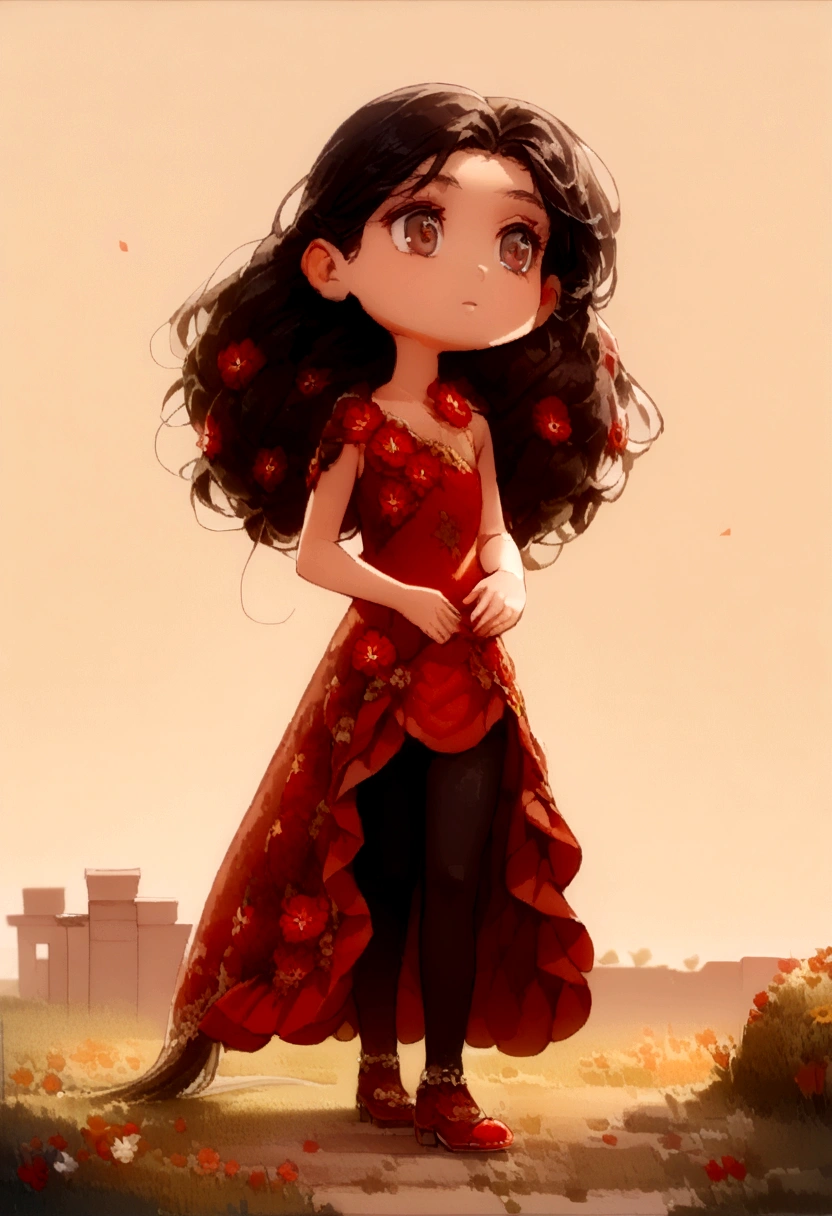 ((detailed scene)) ((a red flowered gown with leggings)) ((a single dress for the character)) ((a quiet girl)) (( long flowing black hair ))((gentle brown eyes)) ((she stood on a grassy path)) ((taking a walk))