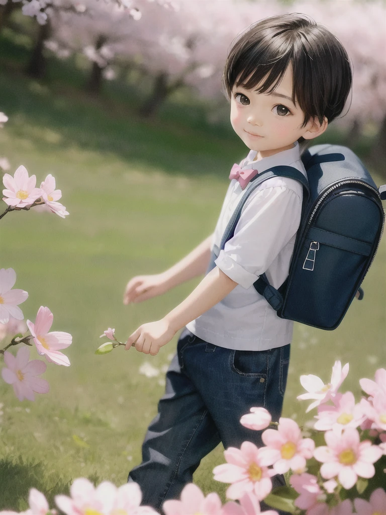 Tip: A very charming  boy with a backpack and her cute tiger enjoying a lovely spring outing surrounded by beautiful pink flowers and nature. The illustration is a high-definition illustration in 4k resolution, featuring highly detailed facial features and cartoon-style visuals.