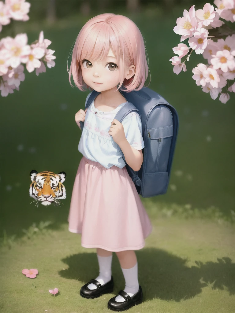 Tip: A very charming little boy with a backpack and her cute tiger enjoying a lovely spring outing surrounded by beautiful pink flowers and nature. The illustration is a high-definition illustration in 4k resolution, featuring highly detailed  features and cartoon-style visuals.