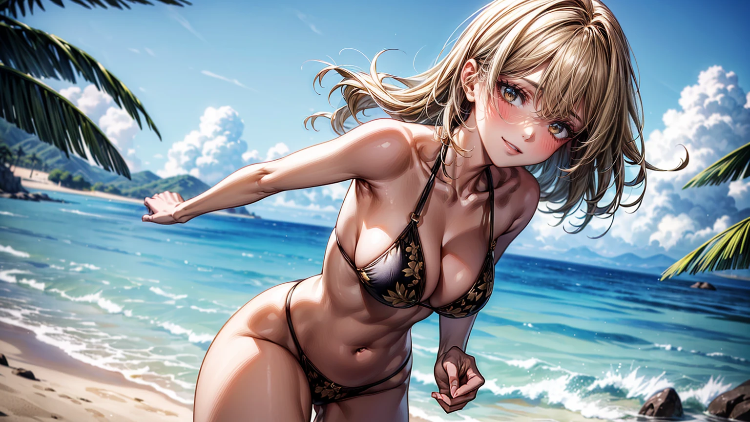 (masterpiece, Highest quality, Super detailed:1.3), Perfect composition, 4K, (Very detailed, Super detailed), bikini、横縞模様のbikini,青と白の縞模様bikini、 High resolution, 8k Texture, Attention to detail, Very detailed肌の質感, Magnificent details, High Sharpness, Two Girls, (Fine grain:1.3), (25-year-old woman:1.3), (skinny), (Big Breasts), Bright beach,、smile、(Running towards the sea)、View Viewer、reach for the viewer