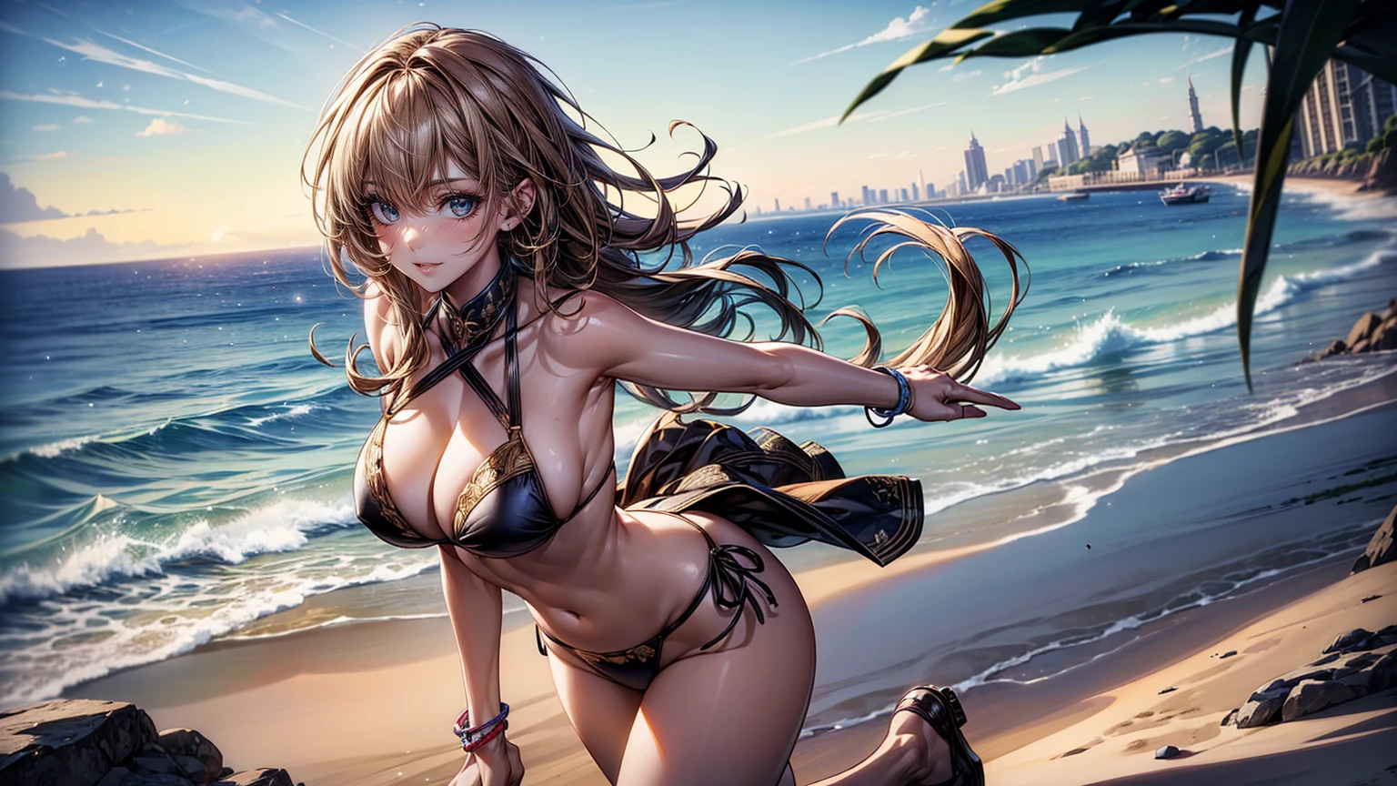 (masterpiece, Highest quality, Super detailed:1.3), Perfect composition, 4K, (Very detailed, Super detailed), bikini、横縞模様のbikini,青と白の縞模様bikini、 High resolution, 8k Texture, Attention to detail, Very detailed肌の質感, Magnificent details, High Sharpness, Two Girls, (Fine grain:1.3), (25-year-old woman:1.3), (skinny), (), Bright beach,、smile、(Running towards the sea)、View Viewer、reach for the viewer