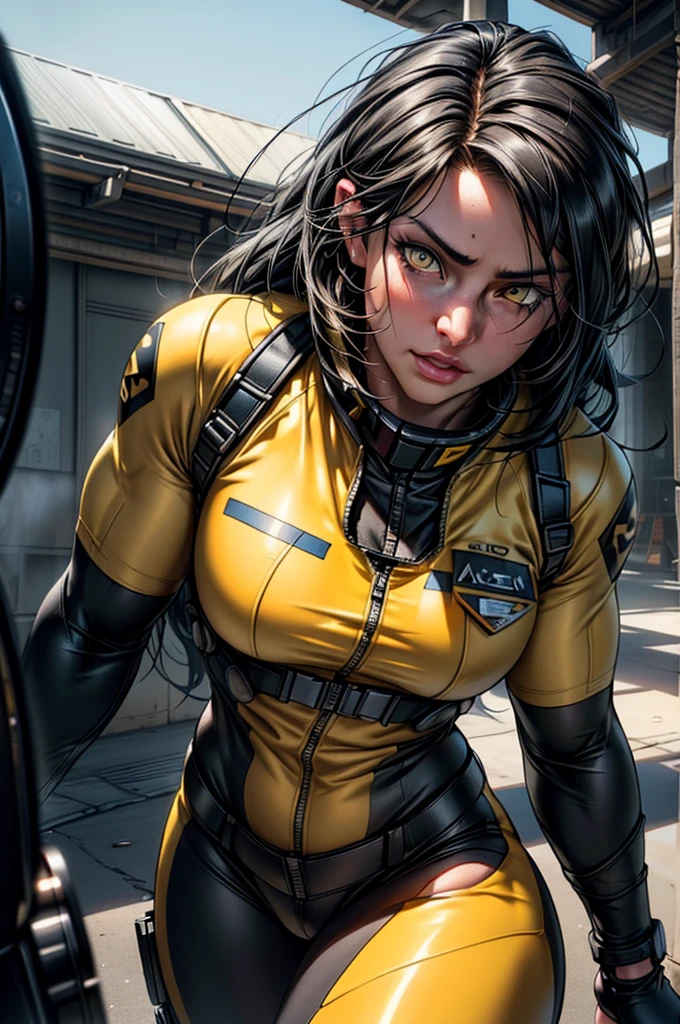 a muscular woman with long black hair, yellow eyes, pale skin, wearing a pilot suit, close-up, (best quality,4k,8k,highres,masterpiece:1.2),ultra-detailed,(realistic,photorealistic,photo-realistic:1.37),hyperrealistic, extremely detailed, high contrast, dramatic lighting, cinematic, concept art style