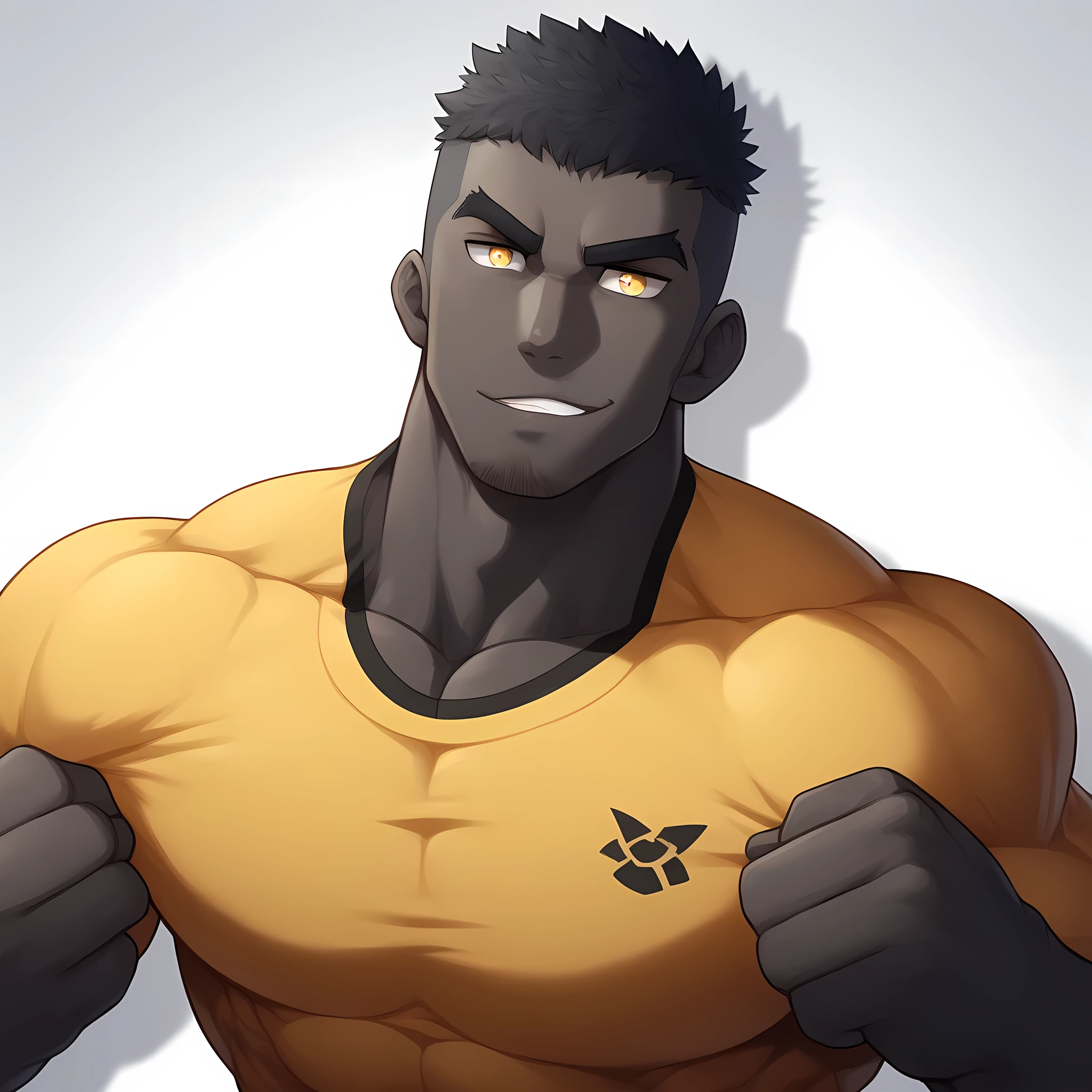 anime characters:Gyee, Muscle Sports Student, negro black skin, 1 muscular tough guy, Manliness, male focus, Light Yellow long sleeve tights, Very tight, The pectoral muscles are oversized, Slightly transparent, muscular male, muscular, only, Upper body, alone, Black short hair, Thick eyebrows, stubble, Yellow eyes, White background, simple background, amazing quality, best aesthetics, Ridiculous, bright pupils, crew cut, parted lips, seductive smile, torogao, naughty face, drop shadow, best quality