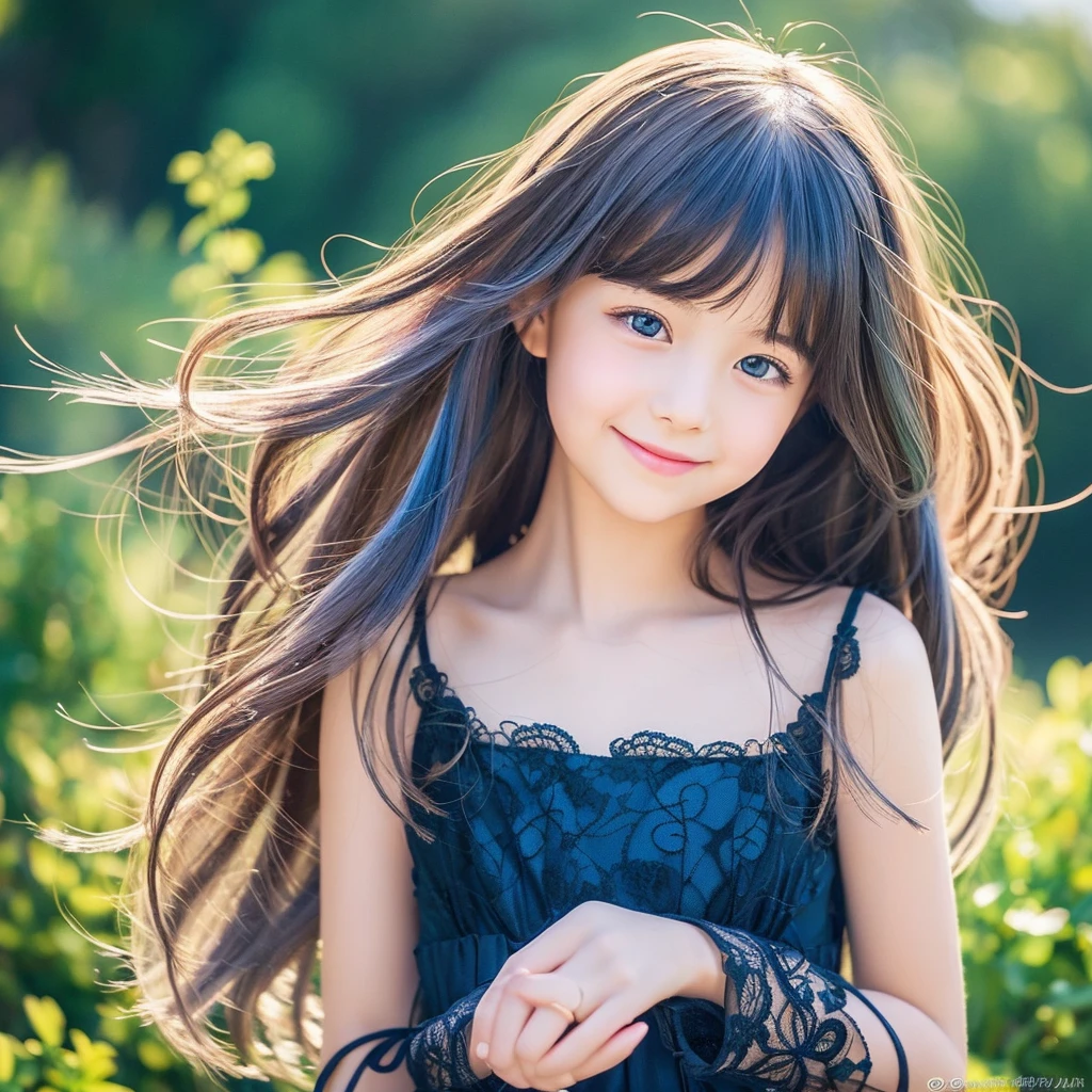 Create an anime-style portrait of a young girl with vibrant, multi-colored hair that transitions from brown. The girl's hair should flow naturally, and she should have large, expressive brown eyes. Her expression should be soft and gentle, with a warm and kind smile. The background should be a blend of warm and cool colors, complementing the girl's hair. She should be wearing a Blue lace dress with intricate details, adding a touch of elegance to her appearance. The overall mood of the artwork should be cheerful and inviting, capturing the girl's gentle and friendly demeanor.