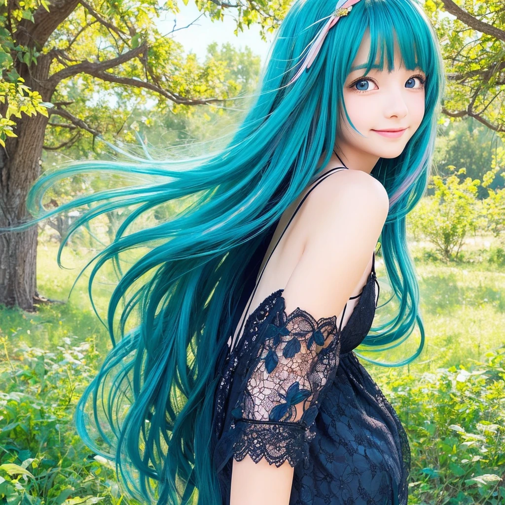 Create an anime-style portrait of a young girl with vibrant, multi-colored hair that transitions from yellow to green to blue. The girl's hair should flow naturally, and she should have large, expressive blue eyes. Her expression should be soft and gentle, with a warm and kind smile. The background should be a blend of warm and cool colors, complementing the girl's hair. She should be wearing a black lace dress with intricate details, adding a touch of elegance to her appearance. The overall mood of the artwork should be cheerful and inviting, capturing the girl's gentle and friendly demeanor."