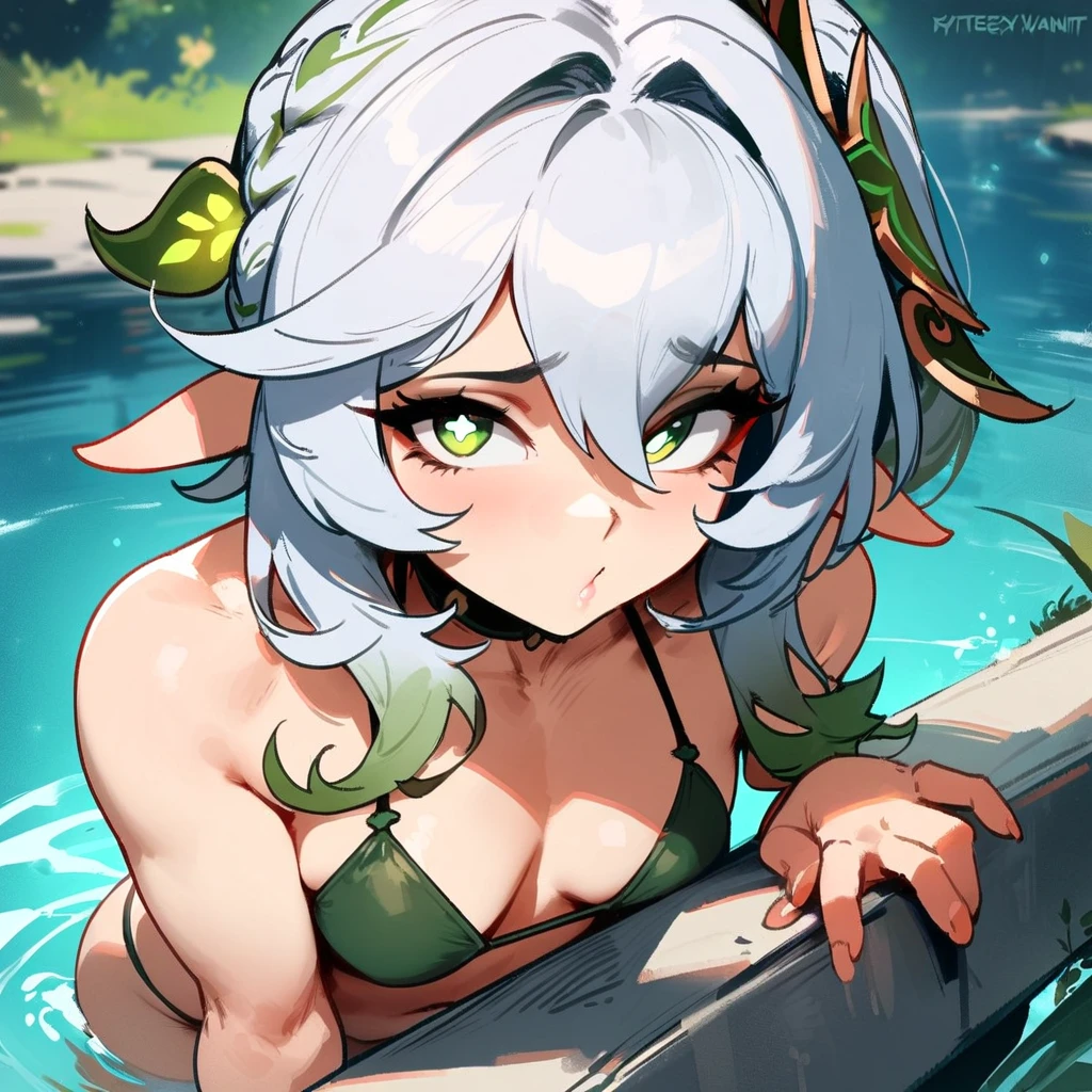 1girl, nahida \(genshin impact\), genshin impact \\\\\ masterpiece, best quality, very aesthetic, absurdres, newest \\\\\\ slim body,///// ,by nyantcha,cutesexyrobutts , by khyle,,////// beautiful face, sexy, , greenery,bikini, lake, looking at viewer, close-up