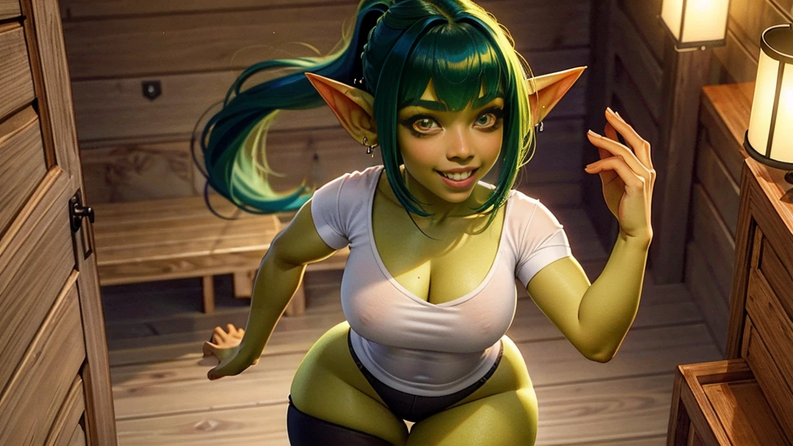 (masterpiece), (extremely intricate:1.3), goblin female, small and short, long pointy ears, sharp teeth, (large plump lips), slutty Latina face, (green skin), long black hair, very long high ponytail, hair bangs, sakimichan, ((wears white sleeve shirt)), (looking at viewer:1.4), (thigh high), skinny,(petite body), ((small flat chest)), silver earring, indoor, (shorts), detailed skin, inside wooden cabin, wide hips, snowing outside, dark, face focus, (night time), detailed face, 1girl, solo, (long eye lashes), sharp teeth, mouth open, red plump lips, (white shirt), (((smile)), from above, handshake