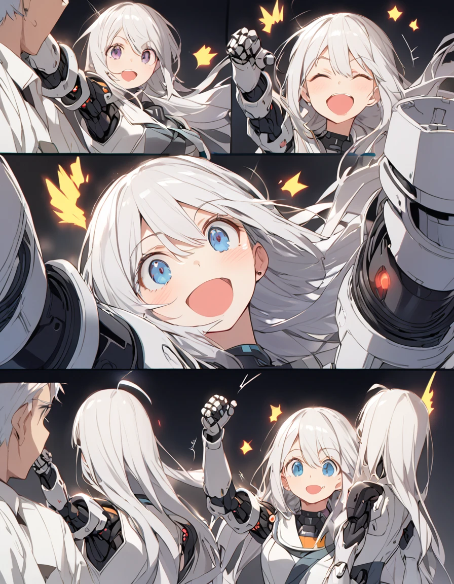 The white-haired girl happily exclaims, Mechanical joints