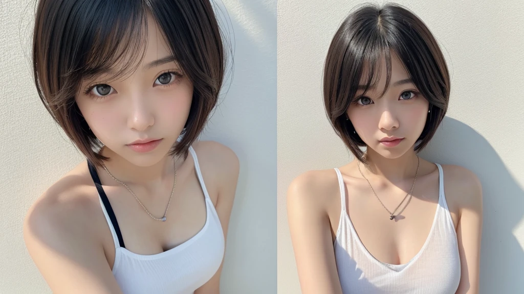 (Very realistic photos, concentrate、High resolution, Detailed face, Beautiful Eyes), ((Photographed in front of a white wall))、Japanese women, ,high school girl, various expressions, Upper Body、alone:1, Slim figure, Mr.々Hair style,Black sheer top、Only one person is in the photo、Photographed in natural light、Simple Necklace、Bob Hair、Shortcuts、Looking into the camera