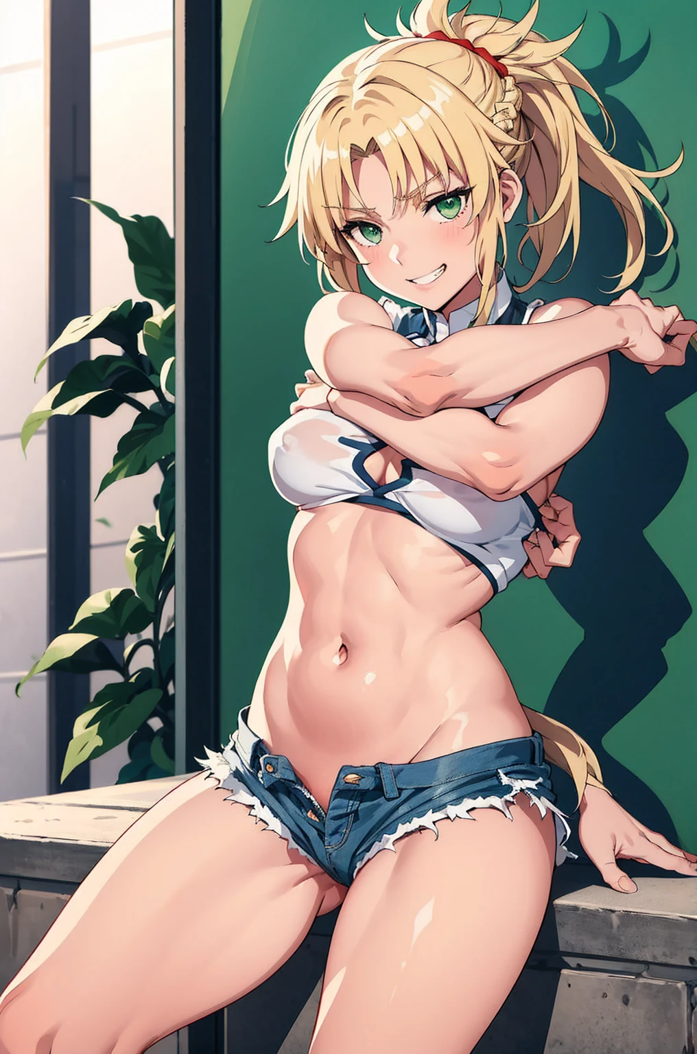 masterpiece, Highest quality, shape, City Street, One Girl, Mordred \(destiny\), Cowboy Shot, clavicle, Detailed blonde hair ponytail braid, Green Eyes, White short blouse, Denim shorts,belly button,Up to the thighs,Grin, Covered_Pussy,skin,Beautiful legs,Beautiful Hands,Please stretch your legs and rest.,