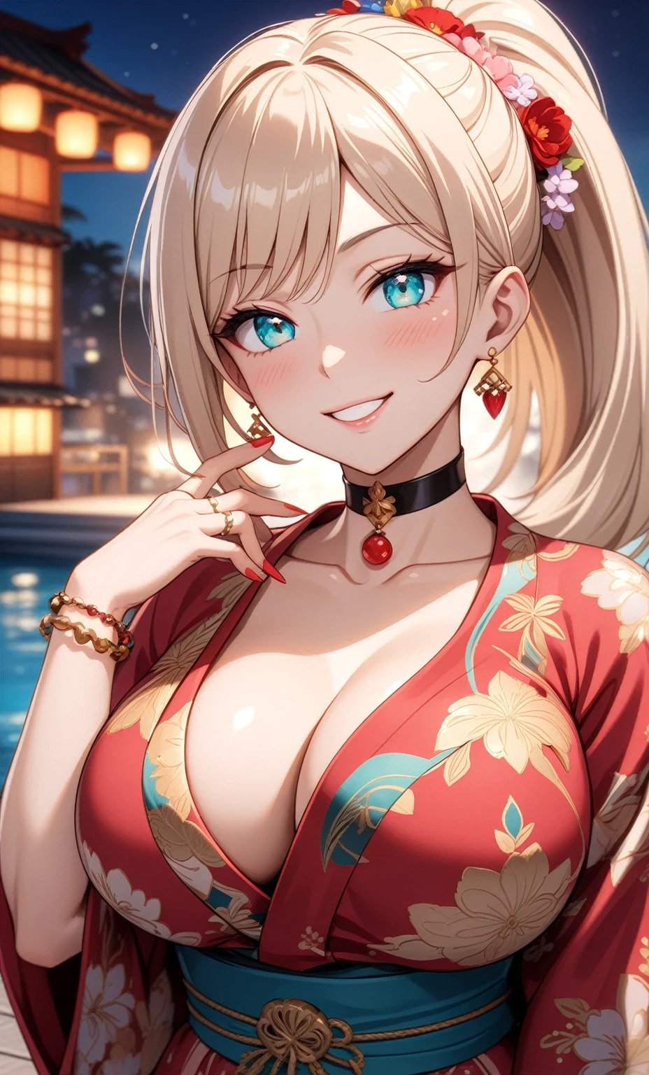 ((One personの女性)), Beautiful Face, ((seductive grin smug)),((Wink:1.7)), head tilt, Laugh with your mouth wide open,((Bright red cheeks:1.4)),Shiny red lips,night,rooftop,You can see the ocean, firework,Laughing with your mouth open,Glossy pink lips,Facial lighting,((Anime style background)),masterpiece, Highest quality, so beautiful,up to date, Complex details, (Pink long nails),(ring),(bracelet),(choker),AI-generated, Complex,High resolution, Highest quality, super high quality,3D Images、3D Images,One person,Long blonde hair,High Ponytail,(turquoise blue eyes),Anime woman posing for a photo, ((Fine grain、Colorful eyes、Shining Eyes:1.3)),(Squint your eyes:1.1),a hyperRealistic , hyperRealistic , Realistic,Anime woman with long white hair, Smooth anime CG art, A woman in a colorful kimono with gold embroidery, (Pink long sleeve kimono),Red floral pattern,Long flower hair ornament,Earrings,Mature Body,(Big Breasts:1.1),Tall,Abdominal muscles,Tight waist,(Zoom up to face:1.5),(dutch angle),(front view),
