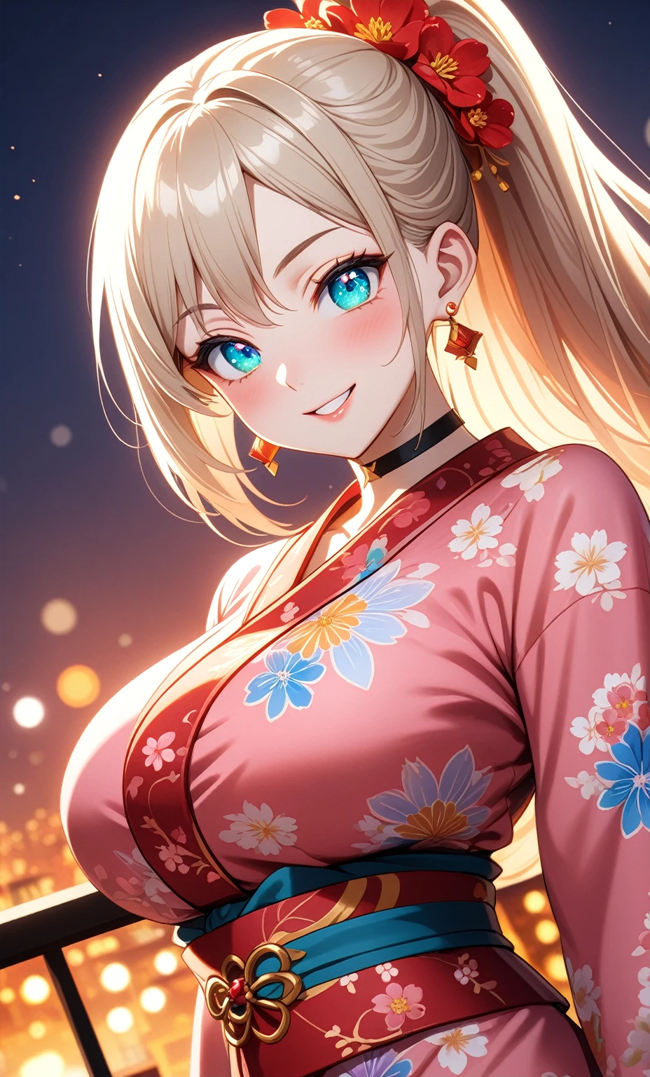 ((One personの女性)), Beautiful Face, ((seductive grin smug)),((Wink:1.7)), head tilt, Laugh with your mouth wide open,((Bright red cheeks:1.4)),Shiny red lips,night,rooftop,You can see the ocean, firework,Laughing with your mouth open,Glossy pink lips,Facial lighting,((Anime style background)),masterpiece, Highest quality, so beautiful,up to date, Complex details, (Pink long nails),(ring),(bracelet),(choker),AI-generated, Complex,High resolution, Highest quality, super high quality,3D Images、3D Images,One person,Long blonde hair,High Ponytail,(turquoise blue eyes),Anime woman posing for a photo, ((Fine grain、Colorful eyes、Shining Eyes:1.3)),(Squint your eyes:1.1),a hyperRealistic , hyperRealistic , Realistic,Anime woman with long white hair, Smooth anime CG art, A woman in a colorful kimono with gold embroidery, (Pink long sleeve kimono),Red floral pattern,Long flower hair ornament,Earrings,Mature Body,(Big Breasts:1.1),Tall,Abdominal muscles,Tight waist,(Zoom up to face:1.5),(dutch angle),(front view),