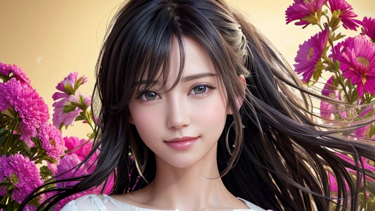 (masterpiece), (Highest quality), (Very detailed),(Disheveled Hair),(shape), (One Girl), (Fashionable clothes), Are standing, Fashion Model, View your audience, (interview), (Simple Background),Beautiful details, Delicate and beautiful face, floating,(High chroma),(Colorful splashes),Colorful bubbles,(The Shining), Focus on the face, ponytail, Light blue hair, bangs, Hair Ring, Floating Flowers, Floating Hair, (The Shining), Best lighting, Best Shadow, smile
