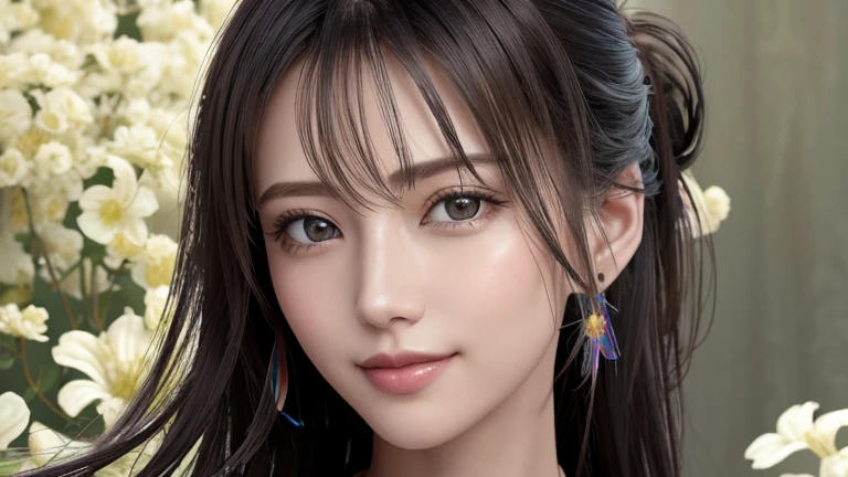 (masterpiece), (Highest quality), (Very detailed),(Disheveled Hair),(shape), (One Girl), (Fashionable clothes), Are standing, Fashion Model, View your audience, (interview), (Simple Background),Beautiful details, Delicate and beautiful face, floating,(High chroma),(Colorful splashes),Colorful bubbles,(The Shining), Focus on the face, ponytail, Light blue hair, bangs, Hair Ring, Floating Flowers, Floating Hair, (The Shining), Best lighting, Best Shadow, smile