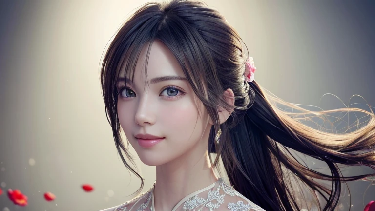 (masterpiece), (Highest quality), (Very detailed),(Disheveled Hair),(shape), (One Girl), (Fashionable clothes), Are standing, Fashion Model, View your audience, (interview), (Simple Background),Beautiful details, Delicate and beautiful face, floating,(High chroma),(Colorful splashes),Colorful bubbles,(The Shining), Focus on the face, ponytail, Light blue hair, bangs, Hair Ring, Floating Flowers, Floating Hair, (The Shining), Best lighting, Best Shadow, smile