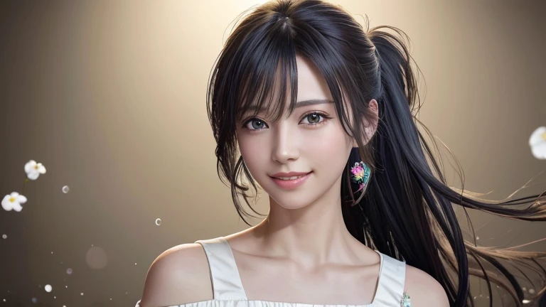(masterpiece), (Highest quality), (Very detailed),(Disheveled Hair),(shape), (One Girl), (Fashionable clothes), Are standing, Fashion Model, View your audience, (interview), (Simple Background),Beautiful details, Delicate and beautiful face, floating,(High chroma),(Colorful splashes),Colorful bubbles,(The Shining), Focus on the face,  ponytail, Light blue hair, bangs, Hair Ring, Floating Flowers, Floating Hair, (The Shining), Best lighting, Best Shadow, smile 