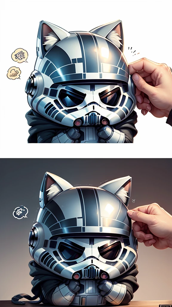 Fucking,Cute Stormtrooper(Hand helmet）comics、Handwritten style、American Shorthair（詳細なAmerican Shorthairの外観）、fluffy、2 heads