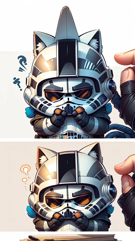 Fucking,Cute Stormtrooper(Hand helmet）comics、Handwritten style、American Shorthair（詳細なAmerican Shorthairの外観）、fluffy、2 heads