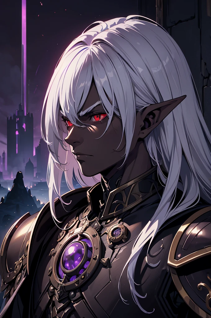 masterpiece, best quality, ultra high res, dark theme, 1boy, (dungeonpunk armor), (mechanical steampunk armor), (wearing armor)fantasy illustration, dark skinned, human, upper body, portrait, red eyes, long white hair, half-drow, pointy ears, serious face, young man, dramatic lighting, purple hue, art by Kinema Citrus