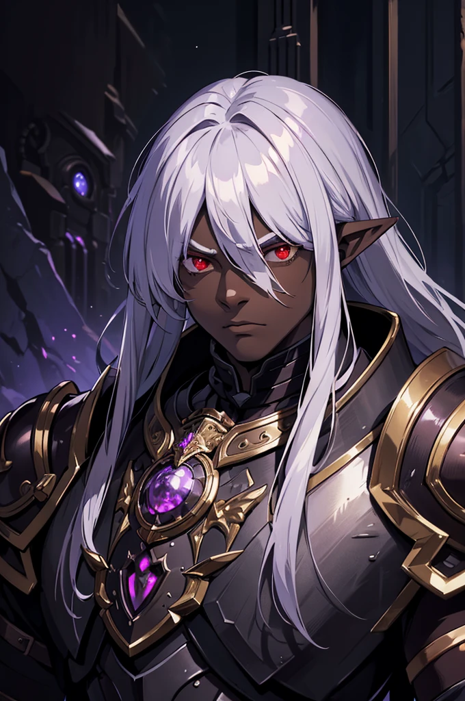 masterpiece, best quality, ultra high res, dark theme, 1boy, (dungeonpunk armor), (mechanical steampunk armor), (wearing armor)fantasy illustration, dark skinned, human, upper body, portrait, red eyes, long white hair, half-drow, pointy ears, serious face, young man, dramatic lighting, purple hue, art by Kinema Citrus