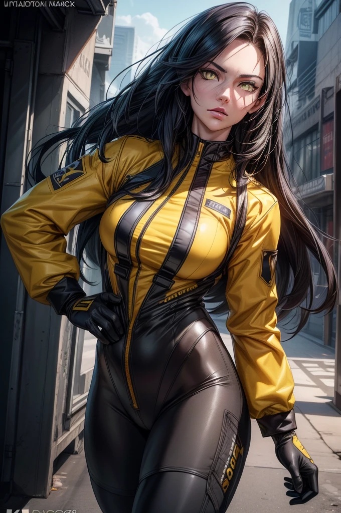 a muscular woman with long black hair, yellow eyes, pale skin, wearing a pilot suit, close-up, (best quality,4k,8k,highres,masterpiece:1.2),ultra-detailed,(realistic,photorealistic,photo-realistic:1.37),hyperrealistic, extremely detailed, high contrast, dramatic lighting, cinematic, concept art style
