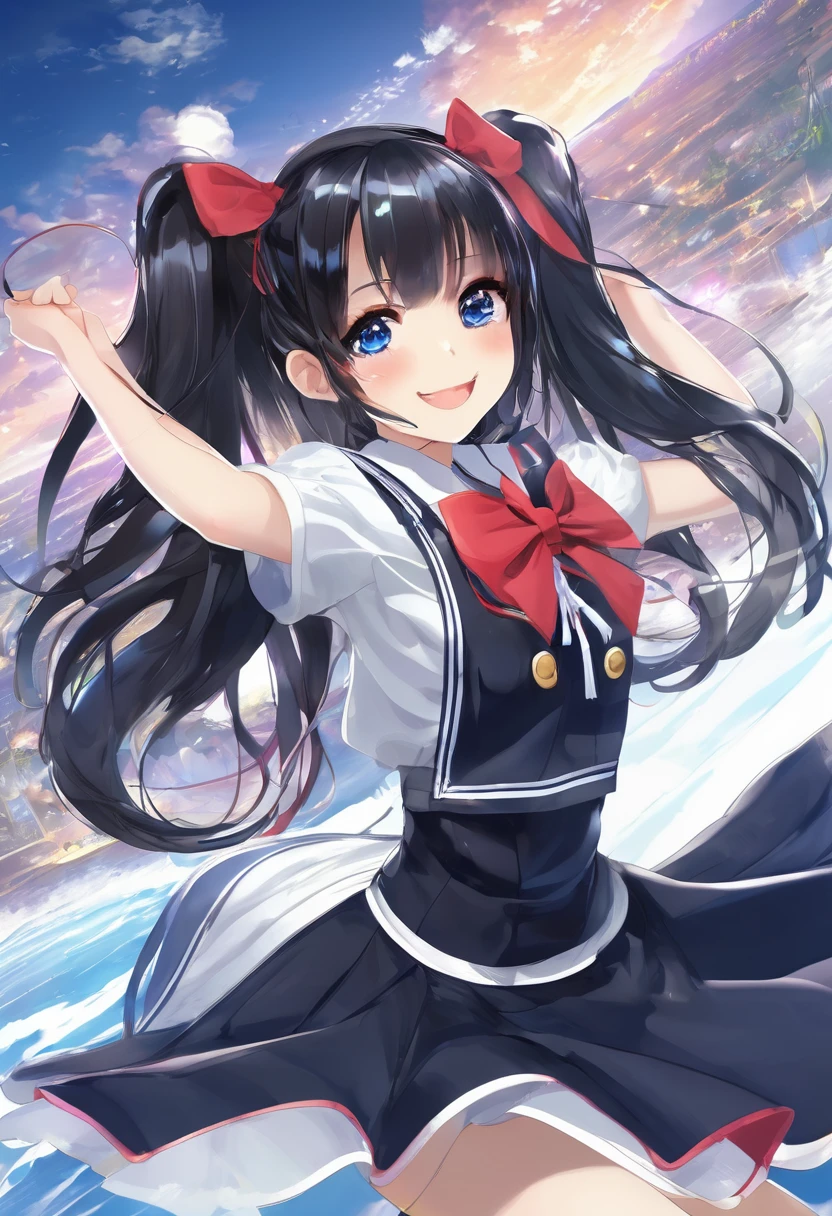 work, Highest quality, girl, Twin tails、long 髪 alternative, absurdly long 髪, Black Hair, bow 髪, Captivating smile, tongue, Iris, Long eyelashes, Small breasts, Sailor, Black long skirt, shoes, meanwhile, Hair Ribbon, dance、Stinking eyes