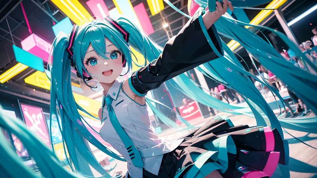 Please upscale Hatsune Miku。This painting depicts an active and colorful dance party scene featuring Hatsune Miku.。Colorful neon lights are shining all around.。