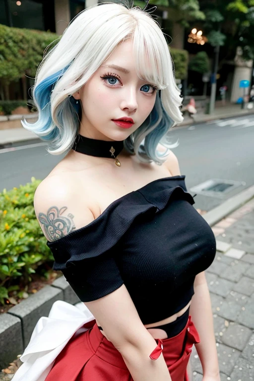best quality, ultra high res, (photorealistic:1.4), 1girl, off-shoulder white shirt, red tight skirt, black choker, (white blue hair:1), (huge breasts:1.2), blue eyes, random hairstyles, looking at viewer, closeup ,