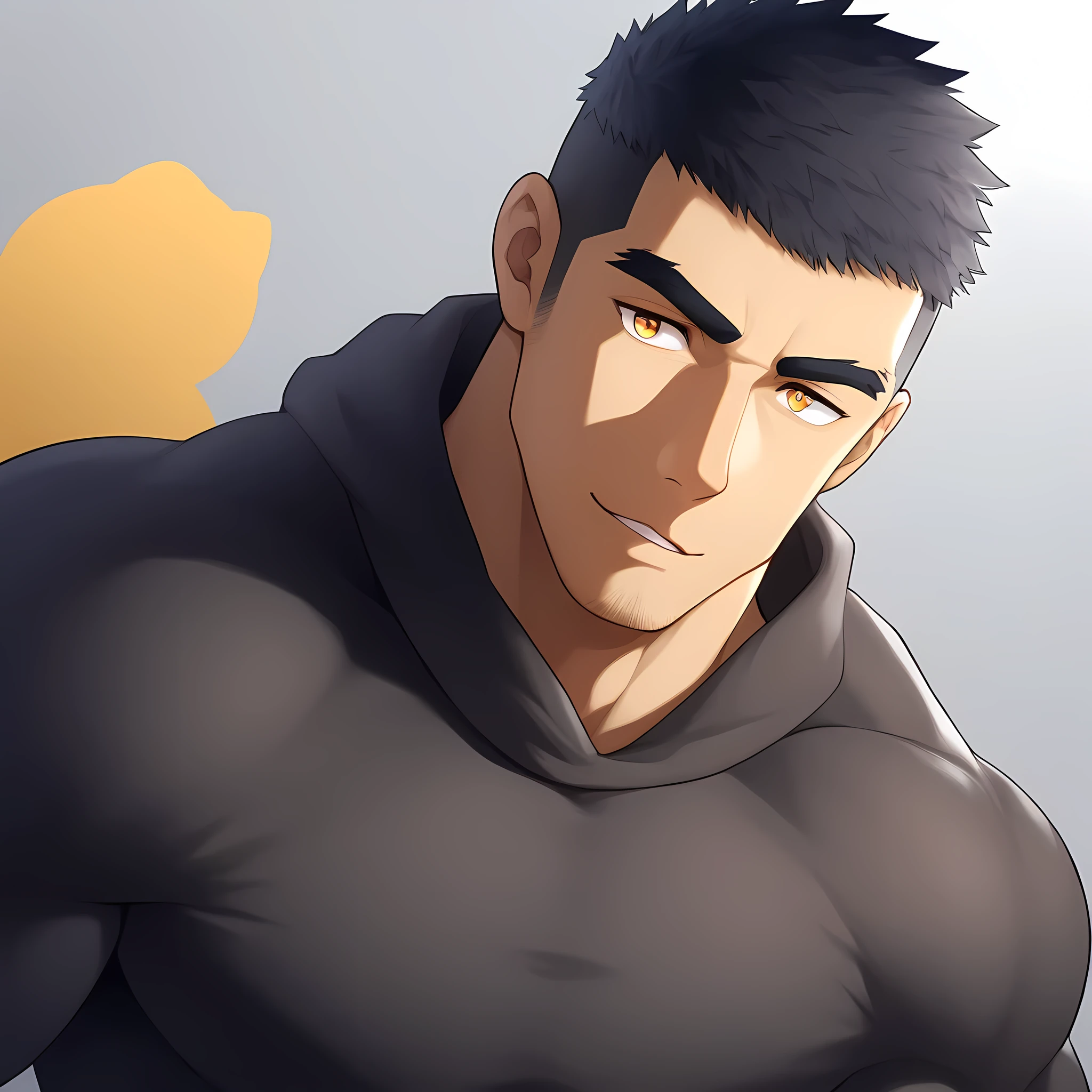 anime characters:Gyee, Muscle Sports Student, 1 muscular tough guy, Manliness, male focus, Light Yellow long sleeve tights, Very tight, The pectoral muscles are oversized, Slightly transparent, muscular male, muscular, only, Upper body, alone, Black short hair, Thick eyebrows, stubble, Yellow eyes, Grey background, simple background, amazing quality, best aesthetics, Ridiculous, bright pupils, crew cut, parted lips, seductive smile, torogao, naughty face, drop shadow, best quality