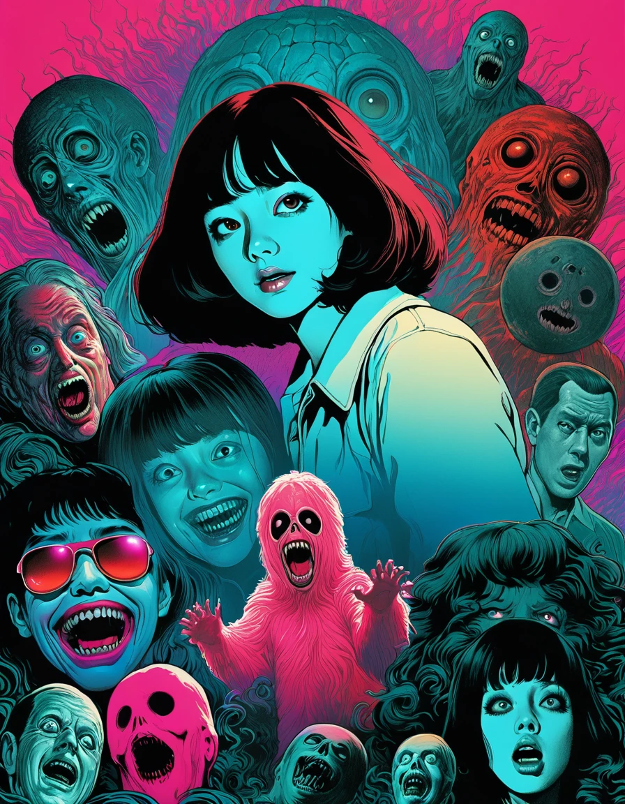 An illustration、art、70s horror movie posters, Supervised by Junji Ito、High detail, Realistic Shadows、Analog Style, chromatic aberration, Surrealism、Complementary Gradient