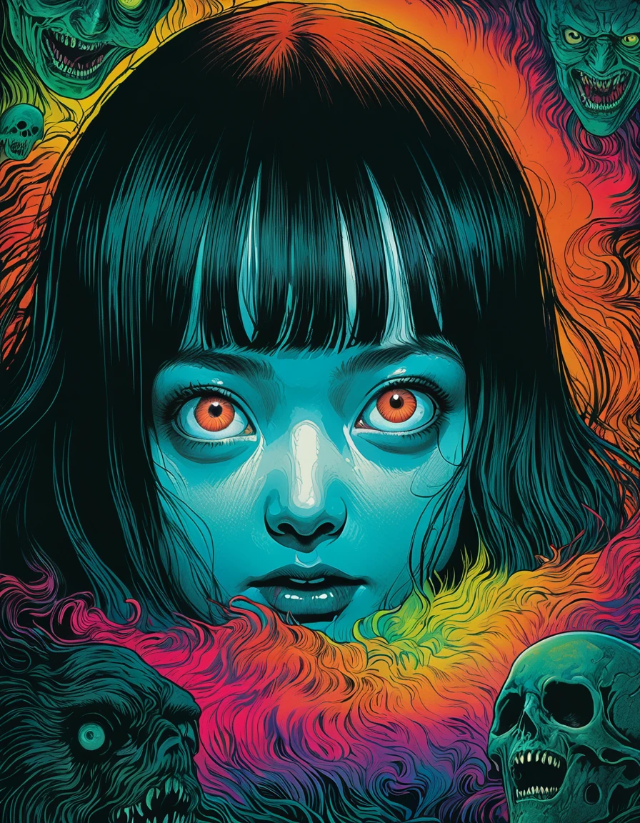 An illustration、art、70s horror movie posters, Supervised by Junji Ito、High detail, Realistic Shadows、Analog Style, chromatic aberration, Surrealism、Complementary Gradient