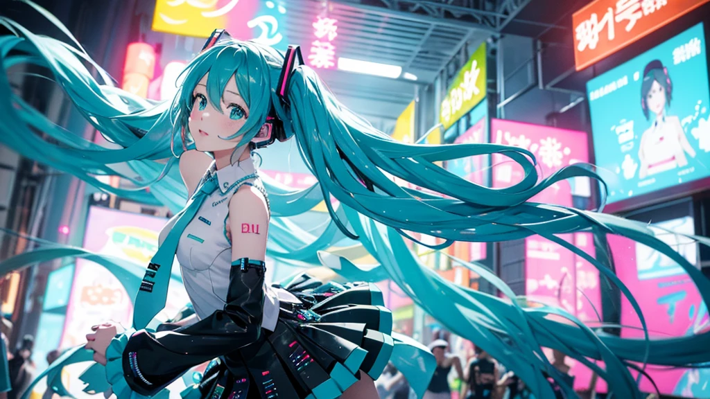 Please upscale Hatsune Miku。This painting depicts an active and colorful dance party scene featuring Hatsune Miku.。Colorful neon lights are shining all around.。