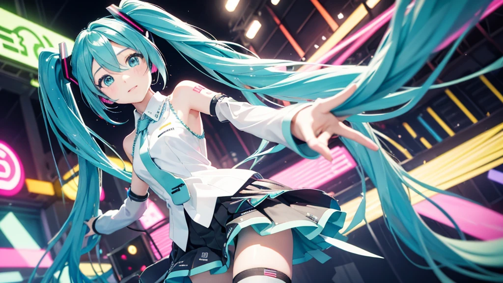 Please upscale Hatsune Miku。This painting depicts an active and colorful dance party scene featuring Hatsune Miku.。Colorful neon lights are shining all around.。