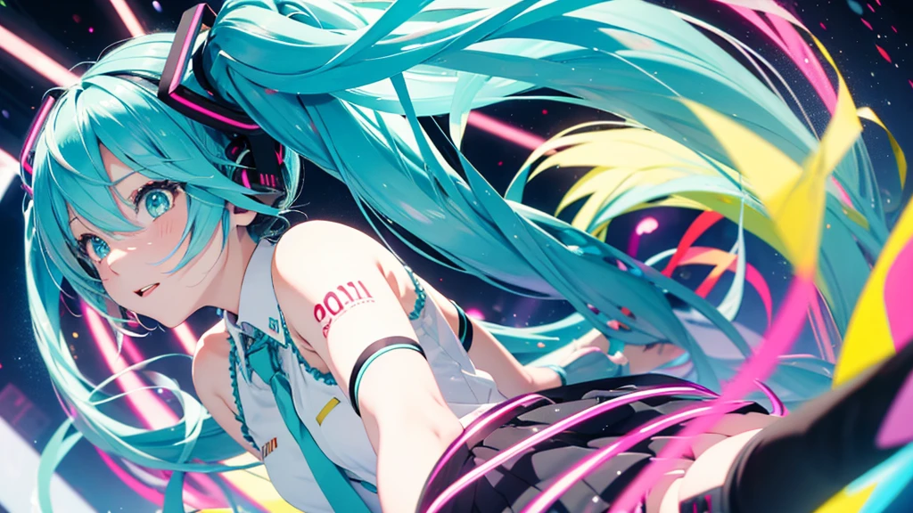Please upscale Hatsune Miku。This painting depicts an active and colorful dance party scene featuring Hatsune Miku.。Colorful neon lights are shining all around.。