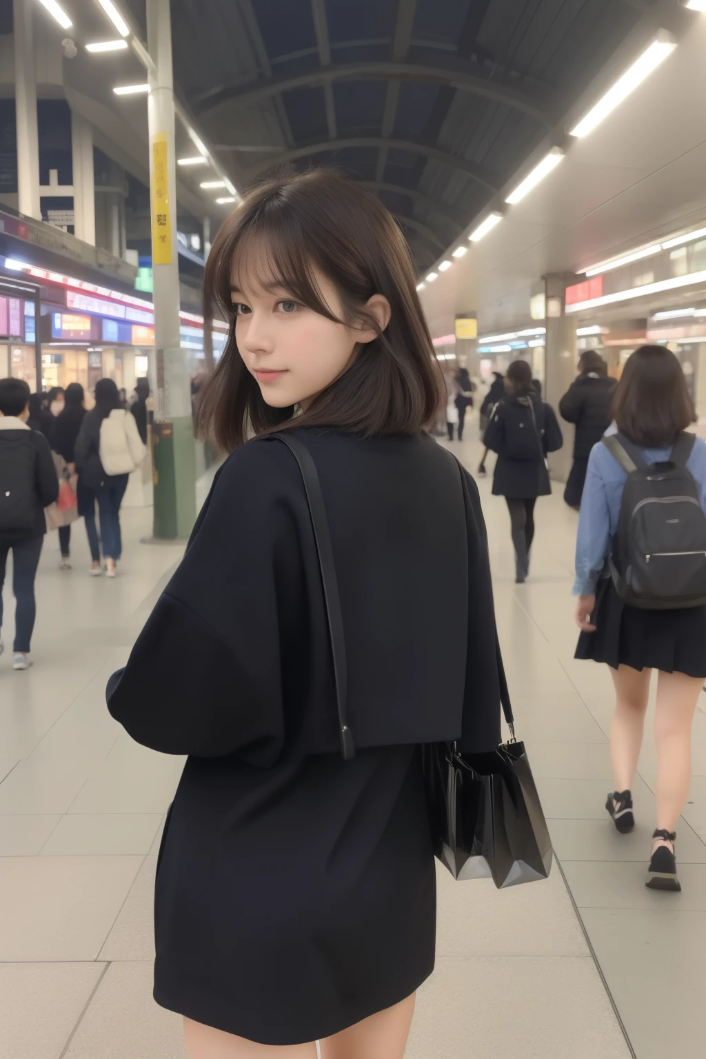((8K:1.27、top-quality、masterpiece、超A high resolution:1.2))、 beautiful japanese female、 (High School Teacher:1.2)、1girl、teacher outfit、a large bust:1.5、valley、Dark hair、black eyes、short-hair、Beautuful Women、、Japanese private railway stations、Back view、Walking straight ahead、Shopping street in front of the station、busy、In the evening, in a bustling station、Don't look back、Walking straight ahead Looking straight back、Only the back view、Going far away、From behind、Don't look back、Don't look back、Right behind me as I walk away into the distance、Don't look back、