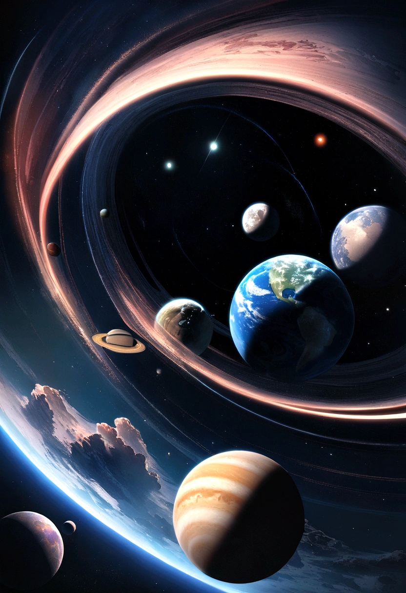 Image of a planet in the center of space, 15 planets rotating around the central planet, different planets, image in space