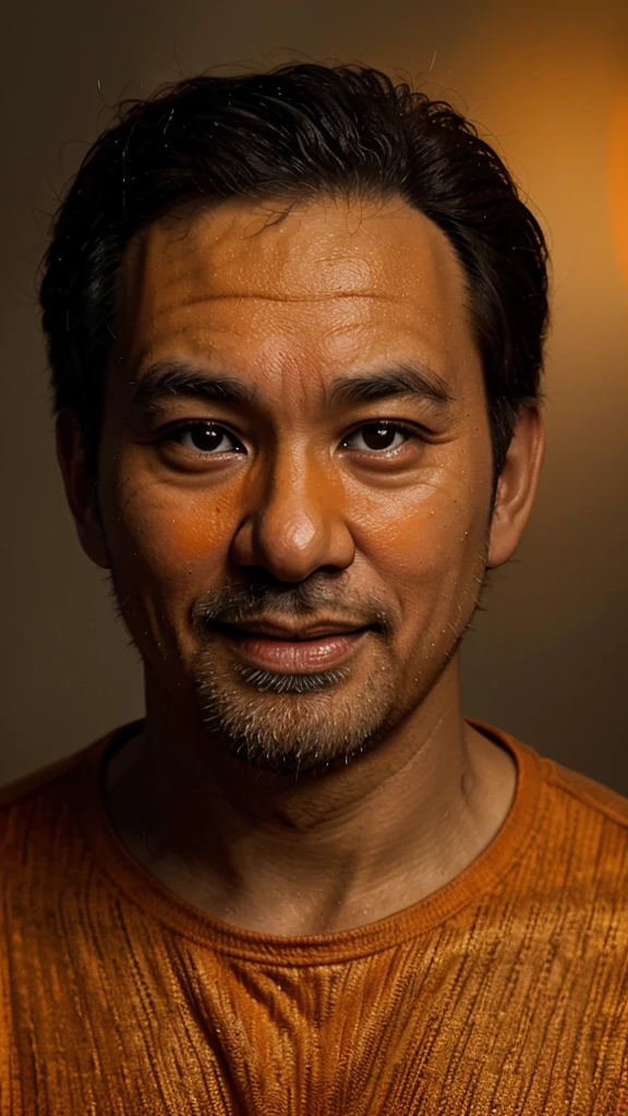 Make a thumbnail for Christian YouTube. Take a close-up on an Asian man, he is on the right side of the image and looking at the camera and is happy. Leave the left side of the image empty. ((Orange gradient background)) ((Detail, high quality, High definition)), ((Steven Spielberg))