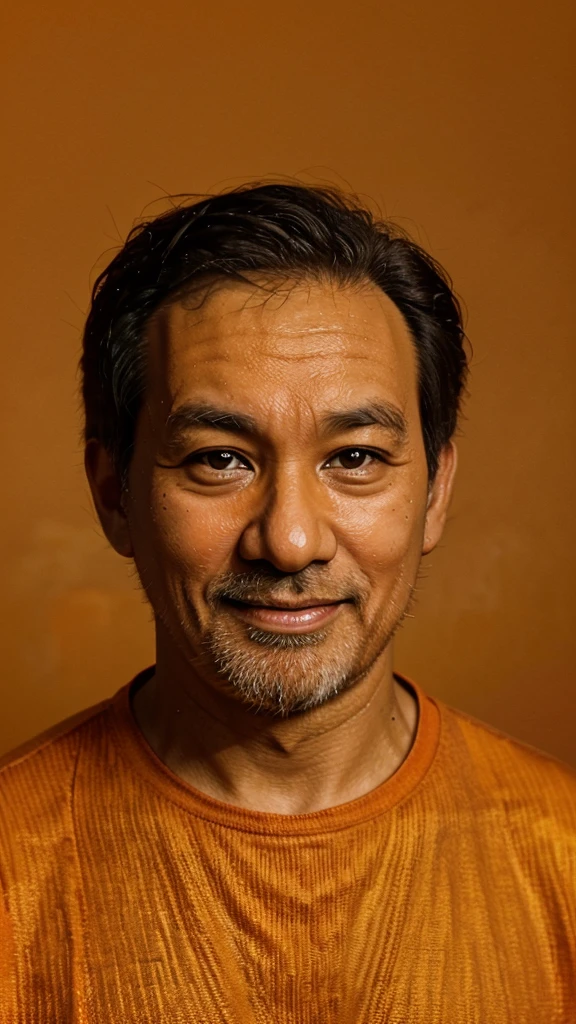 Make a thumbnail for Christian YouTube. Take a close-up on an Asian man, he is on the right side of the image and looking at the camera and is happy. Leave the left side of the image empty. ((Orange gradient background)) ((Detail, high quality, High definition)), ((Steven Spielberg))