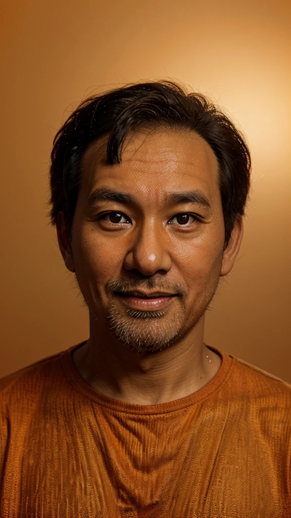 Make a thumbnail for Christian YouTube. Take a close-up on an Asian man, he is on the right side of the image and looking at the camera and is happy. Leave the left side of the image empty. ((Orange gradient background)) ((Detail, high quality, High definition)), ((Steven Spielberg))